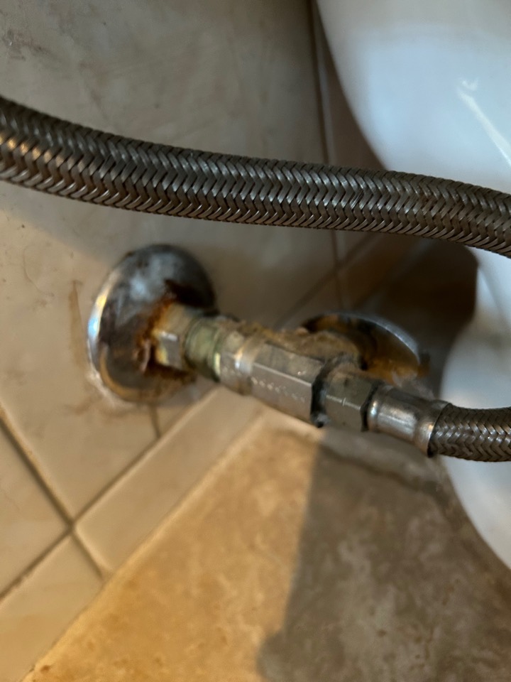 Corrosion built up around a shutoff valve and braided supply line behind a toilet