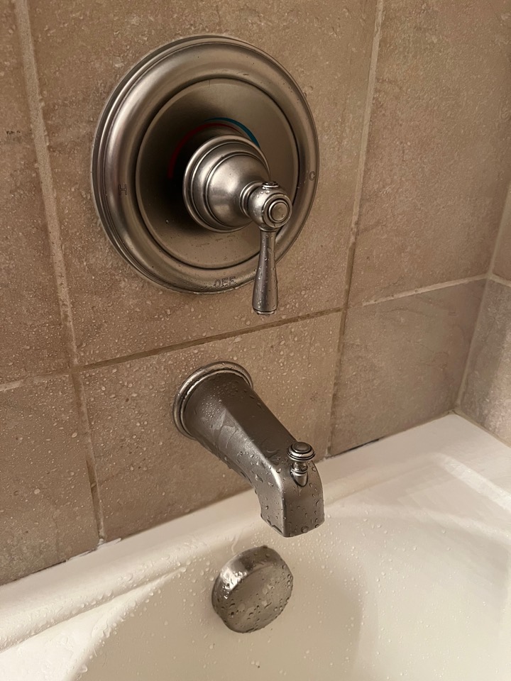 New brushed-nickel tub and shower trim, spout, and overflow cover